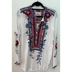 Johnny Was Laila Blouse Medium Embroidered Button Henley Boho Cottagecore $225